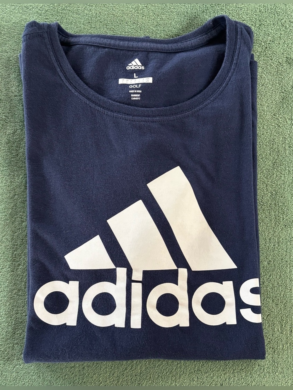 adidas Golf Navy Short Sleeve Ladies Tee with Large White Logo, size: L. (6540)